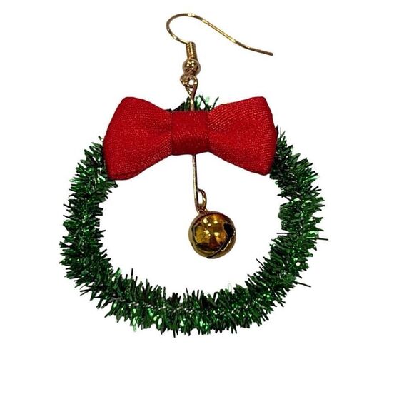 Christmas Wreath Bell Bow Earrings Glitter Dangle Earrings Sparkly Holiday NEW - Picture 2 of 3